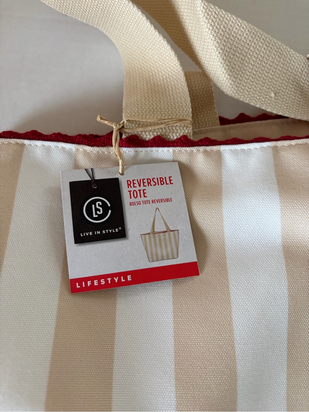 Reversible Beige and White Stripe Tote with Red Trim - Picture 4 of 4